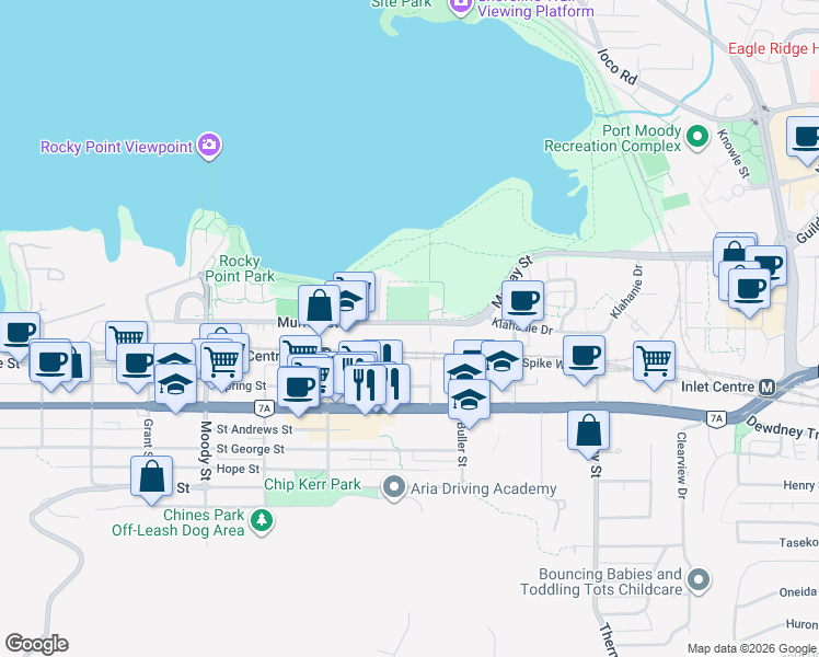 map of restaurants, bars, coffee shops, grocery stores, and more near 3082B Spring Street in Port Moody