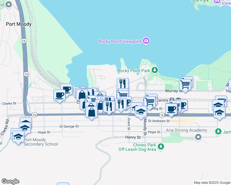 map of restaurants, bars, coffee shops, grocery stores, and more near 42 Mary Street in Port Moody