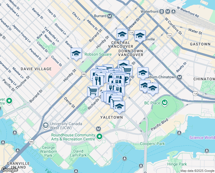 map of restaurants, bars, coffee shops, grocery stores, and more near 910 Richards Street in Vancouver