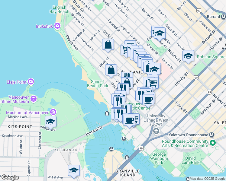 map of restaurants, bars, coffee shops, grocery stores, and more near 701-1111 Beach Avenue in Vancouver