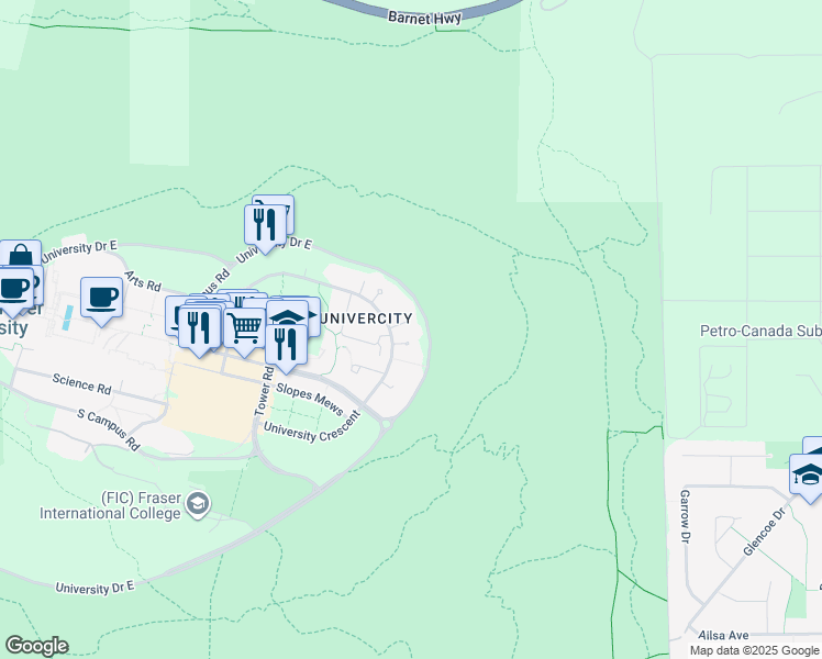 map of restaurants, bars, coffee shops, grocery stores, and more near 9288 University Crescent in Burnaby