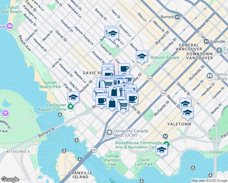 map of restaurants, bars, coffee shops, grocery stores, and more near in Vancouver
