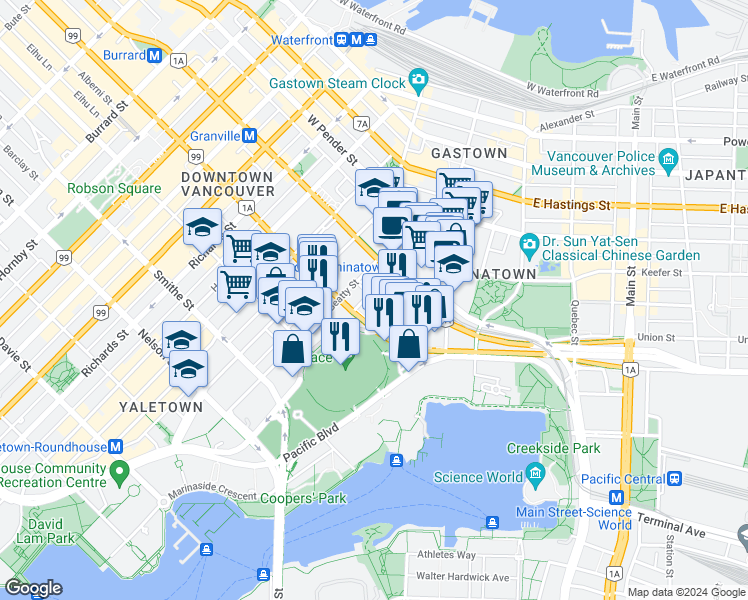 map of restaurants, bars, coffee shops, grocery stores, and more near 668 Citadel Parade in Vancouver