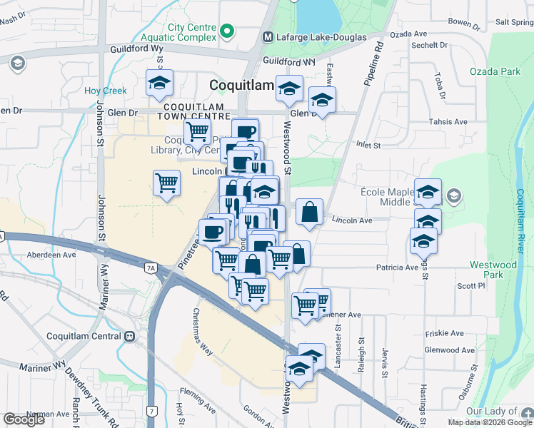map of restaurants, bars, coffee shops, grocery stores, and more near 3030 Lincoln Avenue in Coquitlam