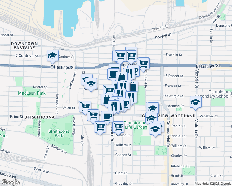 map of restaurants, bars, coffee shops, grocery stores, and more near in Vancouver
