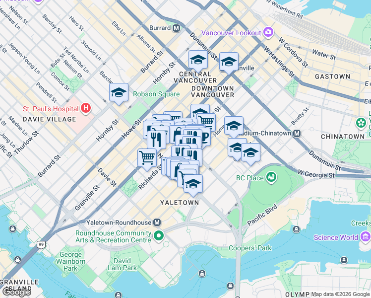 map of restaurants, bars, coffee shops, grocery stores, and more near 910 Richards Street in Vancouver
