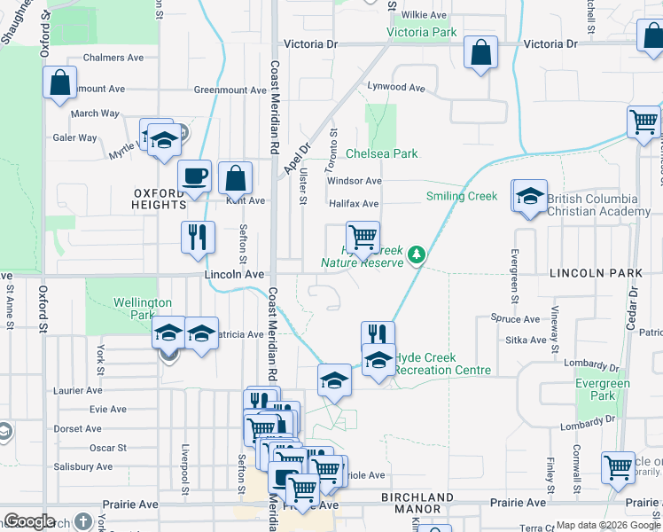 map of restaurants, bars, coffee shops, grocery stores, and more near 1381 Lincoln Drive in Port Coquitlam