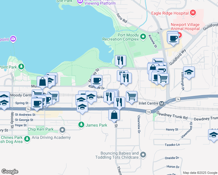 map of restaurants, bars, coffee shops, grocery stores, and more near 104 Klahanie Drive in Port Moody