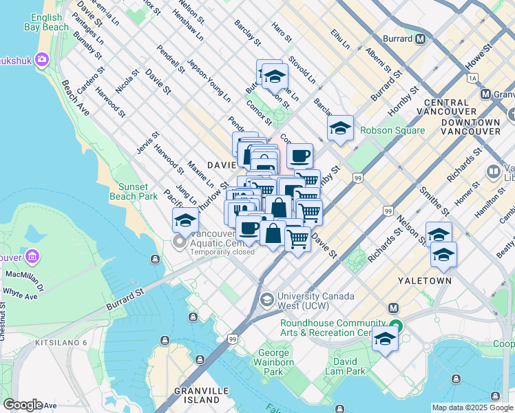map of restaurants, bars, coffee shops, grocery stores, and more near 1003 Burnaby Street in Vancouver