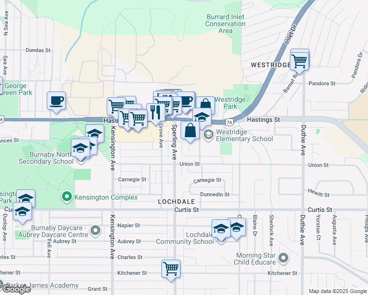 map of restaurants, bars, coffee shops, grocery stores, and more near 655 Clare Avenue in Burnaby