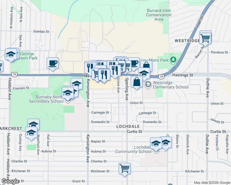 map of restaurants, bars, coffee shops, grocery stores, and more near 6669 East Georgia Street in Burnaby