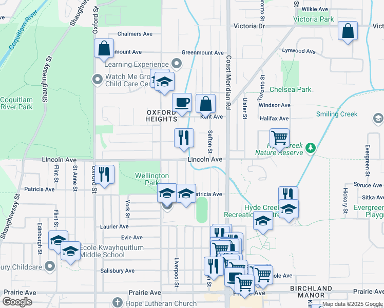 map of restaurants, bars, coffee shops, grocery stores, and more near 1613 Lincoln Avenue in Port Coquitlam
