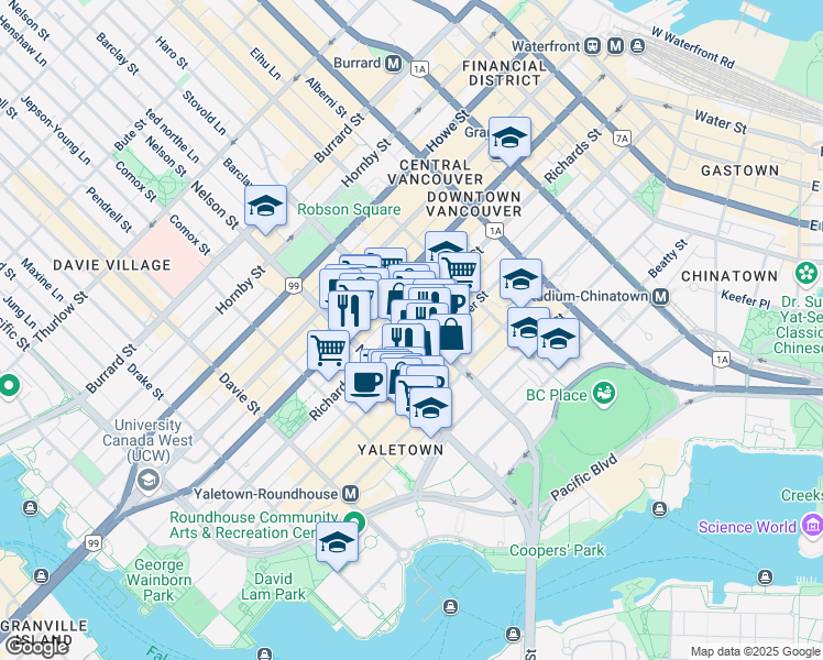 map of restaurants, bars, coffee shops, grocery stores, and more near 910 Richards Street in Vancouver