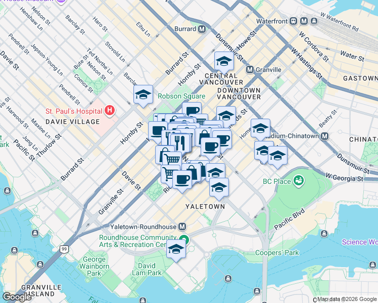 map of restaurants, bars, coffee shops, grocery stores, and more near 980 Seymour Street in Vancouver