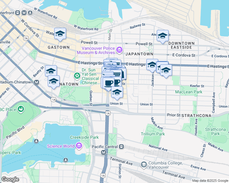 map of restaurants, bars, coffee shops, grocery stores, and more near 268 Keefer Street in Vancouver
