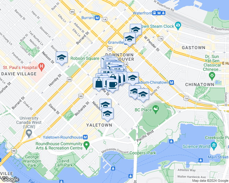 map of restaurants, bars, coffee shops, grocery stores, and more near 403-860 Homer Street in Vancouver