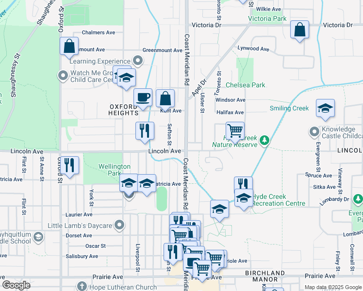 map of restaurants, bars, coffee shops, grocery stores, and more near 3719 Coast Meridian Road in Port Coquitlam