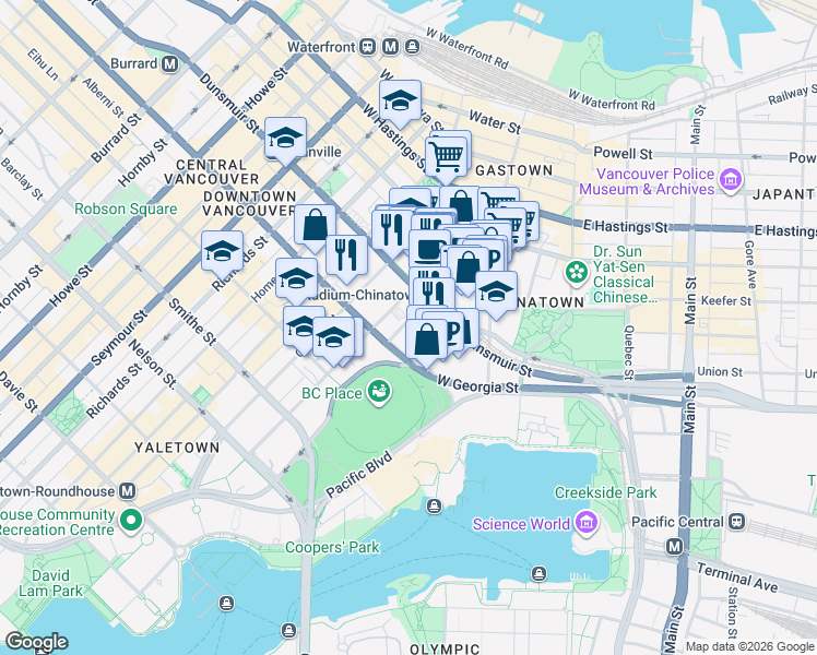 map of restaurants, bars, coffee shops, grocery stores, and more near 668 Citadel Parade in Vancouver