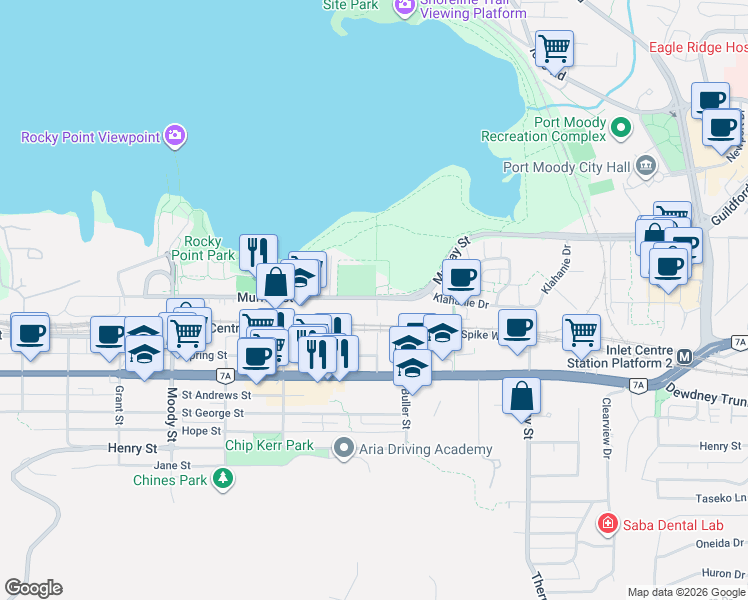 map of restaurants, bars, coffee shops, grocery stores, and more near 3131 Murray Street in Port Moody