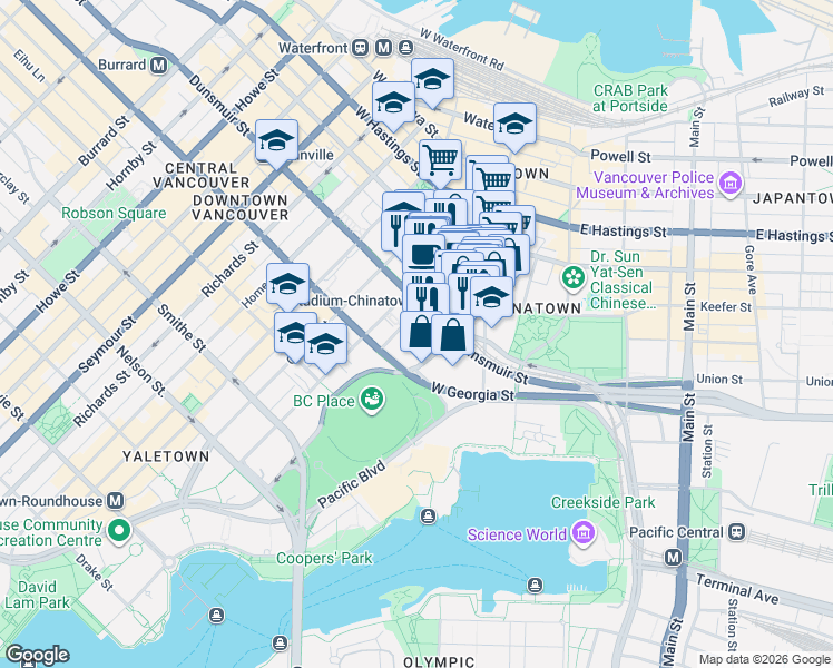 map of restaurants, bars, coffee shops, grocery stores, and more near 133 Regiment Square in Vancouver