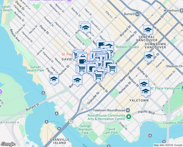 map of restaurants, bars, coffee shops, grocery stores, and more near 917 Davie Street in Vancouver
