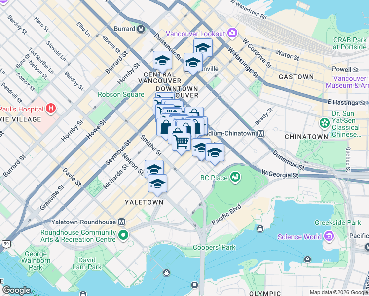 map of restaurants, bars, coffee shops, grocery stores, and more near 819 Hamilton Street in Vancouver