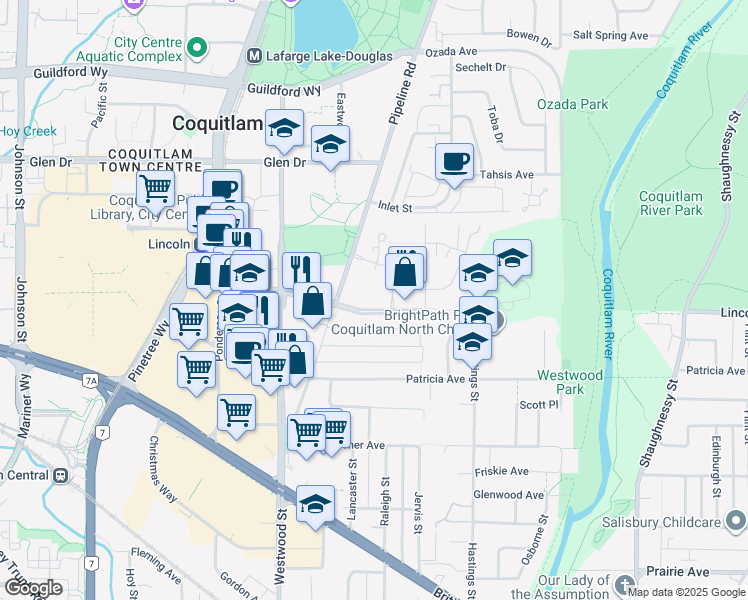 map of restaurants, bars, coffee shops, grocery stores, and more near 3096 Windsor Gate in Coquitlam