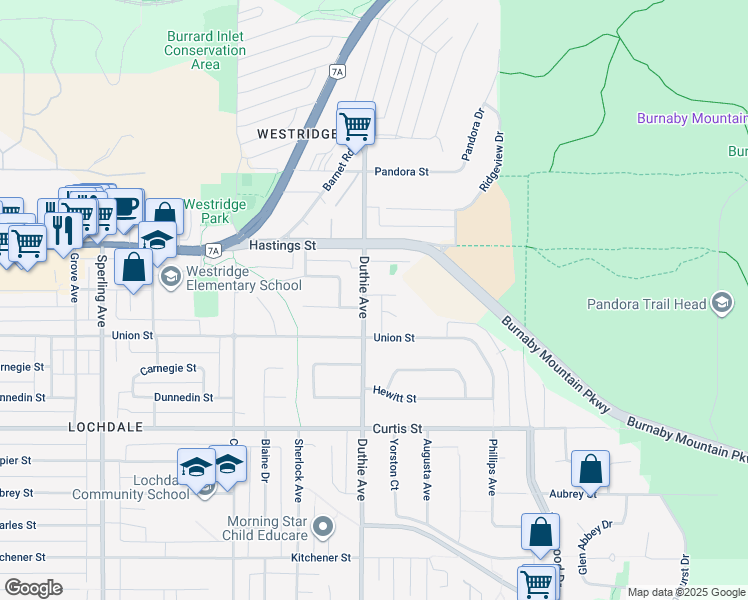 map of restaurants, bars, coffee shops, grocery stores, and more near 521 Duthie Avenue in Burnaby