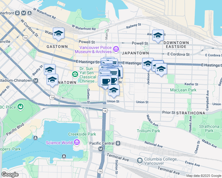 map of restaurants, bars, coffee shops, grocery stores, and more near 268 Keefer Street in Vancouver