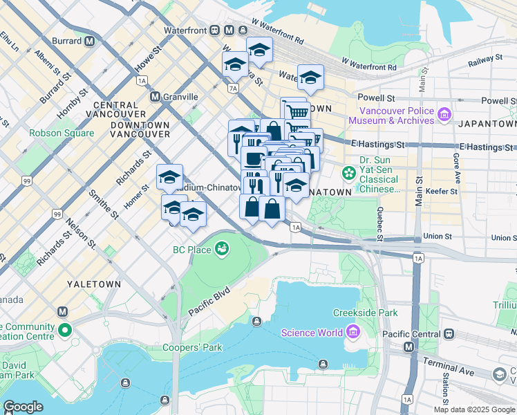 map of restaurants, bars, coffee shops, grocery stores, and more near 561 Beatty Street in Vancouver
