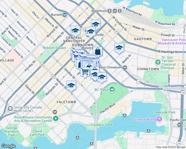 map of restaurants, bars, coffee shops, grocery stores, and more near in Vancouver