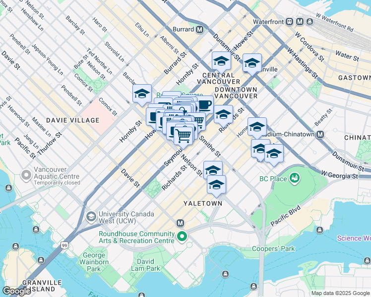 map of restaurants, bars, coffee shops, grocery stores, and more near 980 Seymour Street in Vancouver