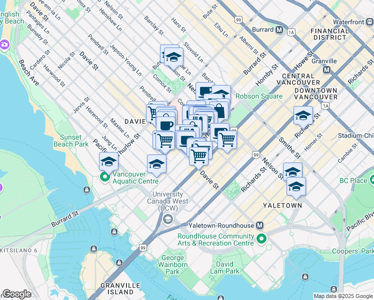 map of restaurants, bars, coffee shops, grocery stores, and more near 1148 Hornby Street in Vancouver