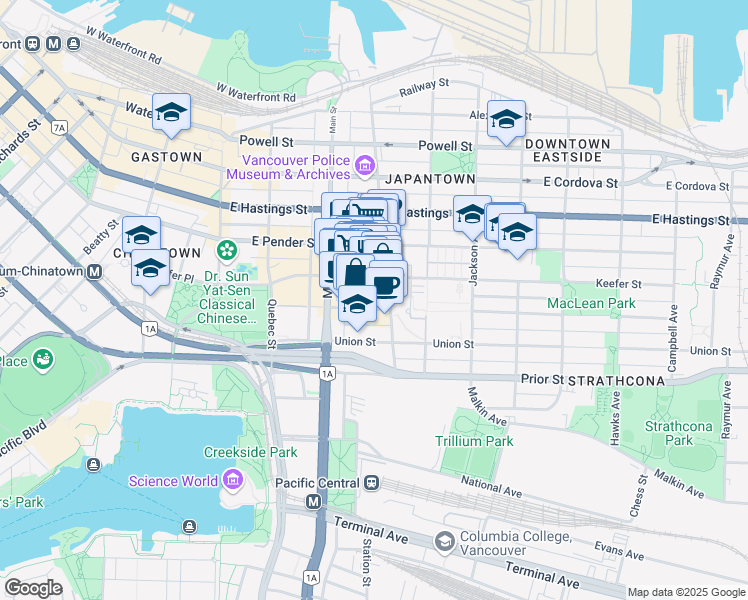 map of restaurants, bars, coffee shops, grocery stores, and more near in Vancouver