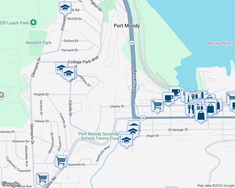 map of restaurants, bars, coffee shops, grocery stores, and more near 1890 Charles Street in Port Moody