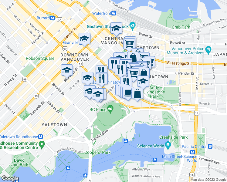 map of restaurants, bars, coffee shops, grocery stores, and more near 696 Beatty Street in Vancouver