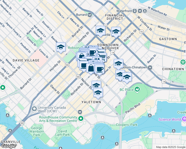 map of restaurants, bars, coffee shops, grocery stores, and more near 910 Richards Street in Vancouver