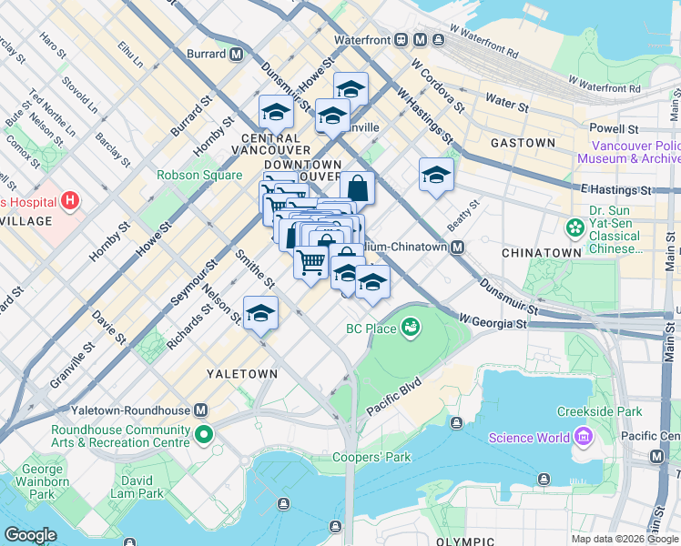 map of restaurants, bars, coffee shops, grocery stores, and more near 788 Hamilton Street in Vancouver