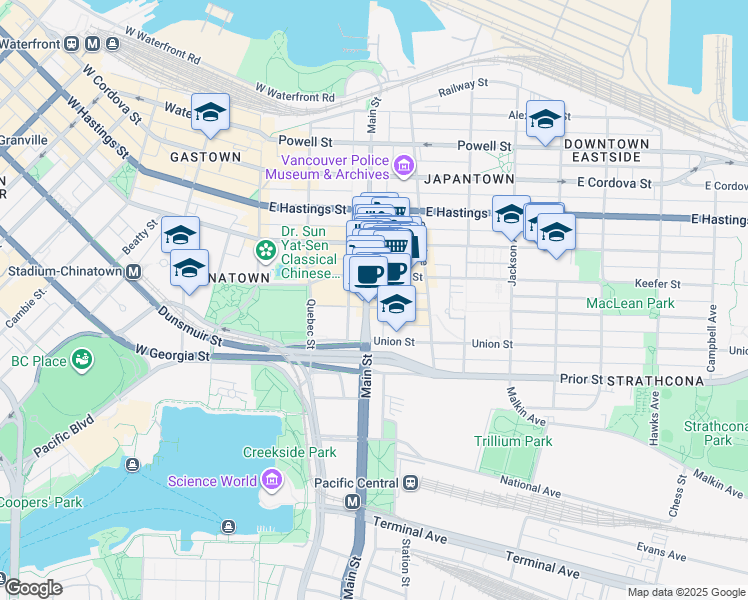 map of restaurants, bars, coffee shops, grocery stores, and more near 268 Keefer Street in Vancouver