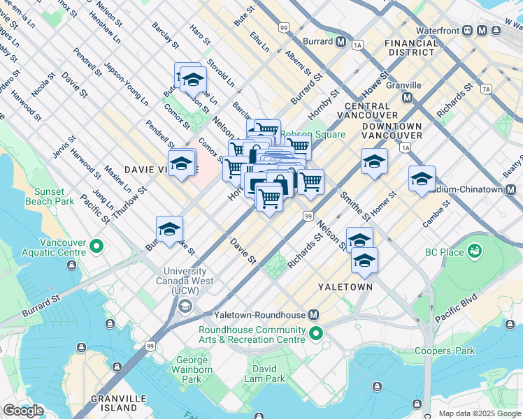 map of restaurants, bars, coffee shops, grocery stores, and more near 1050 Howe Street in Vancouver