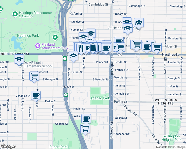 map of restaurants, bars, coffee shops, grocery stores, and more near 3568 Turner Street in Vancouver