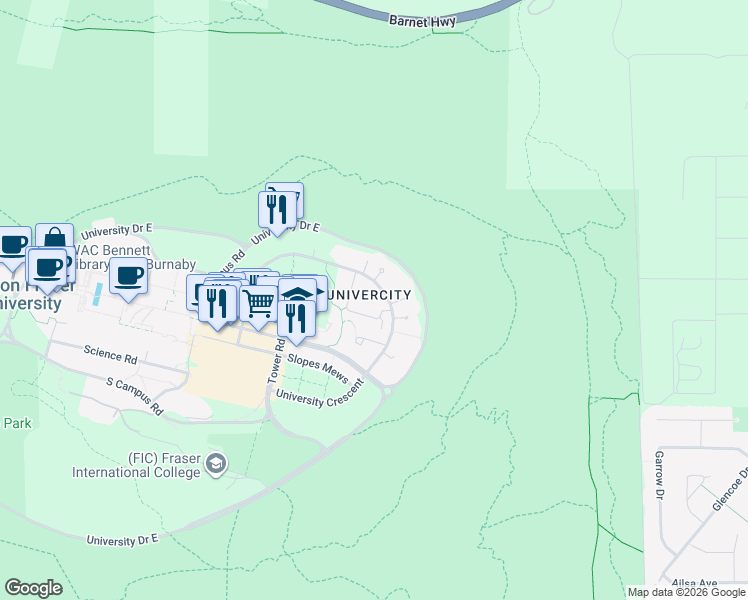 map of restaurants, bars, coffee shops, grocery stores, and more near 9229 University Crescent in Burnaby