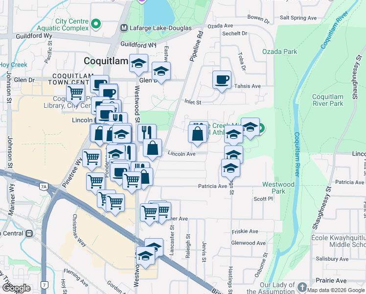 map of restaurants, bars, coffee shops, grocery stores, and more near 3097 Lincoln Avenue in Coquitlam