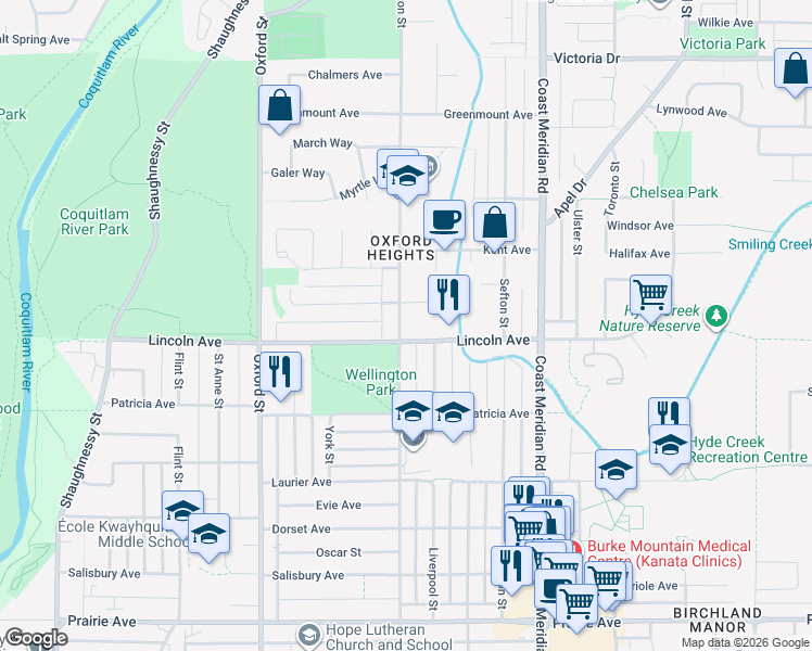 map of restaurants, bars, coffee shops, grocery stores, and more near 3718 Wellington Street in Port Coquitlam