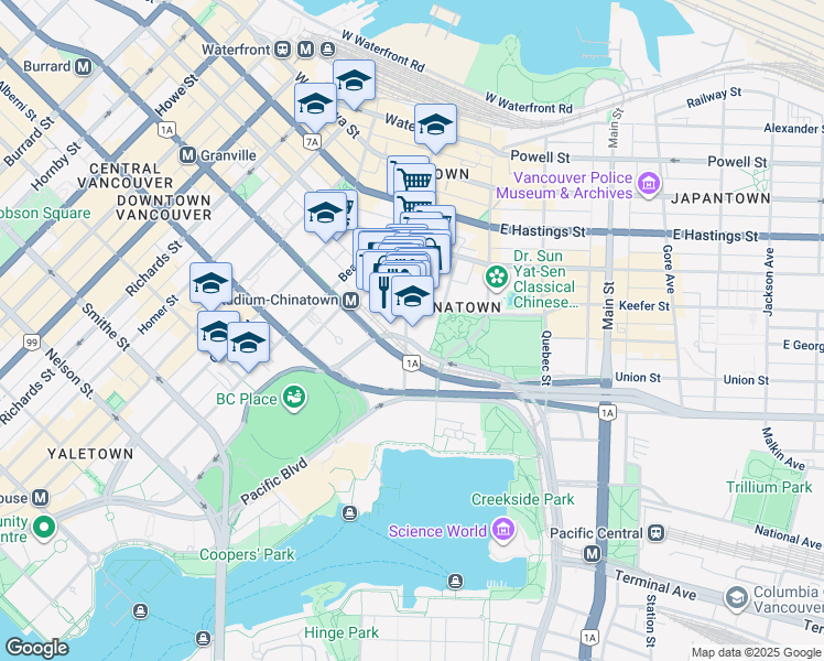 map of restaurants, bars, coffee shops, grocery stores, and more near 688 Abbott Street in Vancouver