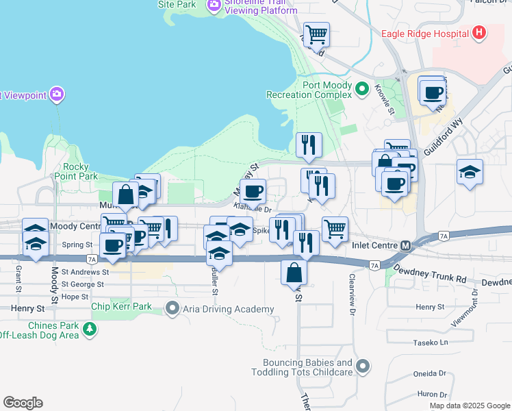 map of restaurants, bars, coffee shops, grocery stores, and more near 100 Klahanie Drive in Port Moody