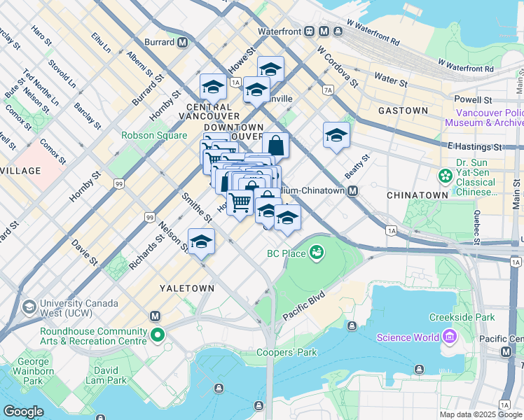 map of restaurants, bars, coffee shops, grocery stores, and more near 788 Hamilton Street in Vancouver