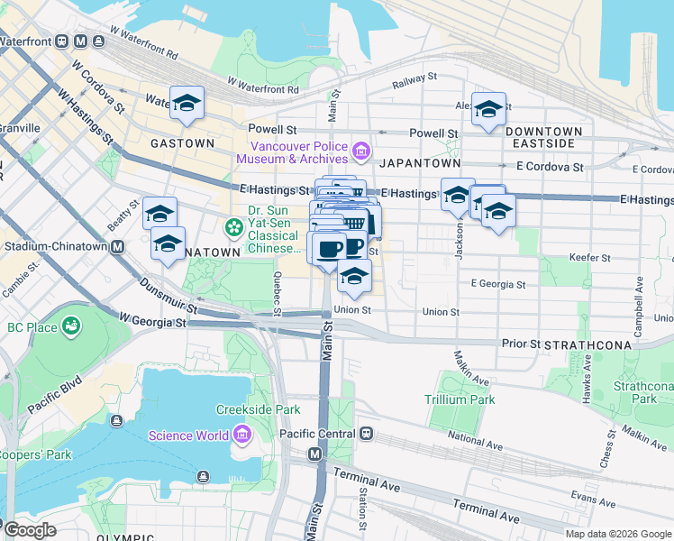 map of restaurants, bars, coffee shops, grocery stores, and more near 268 Keefer Street in Vancouver