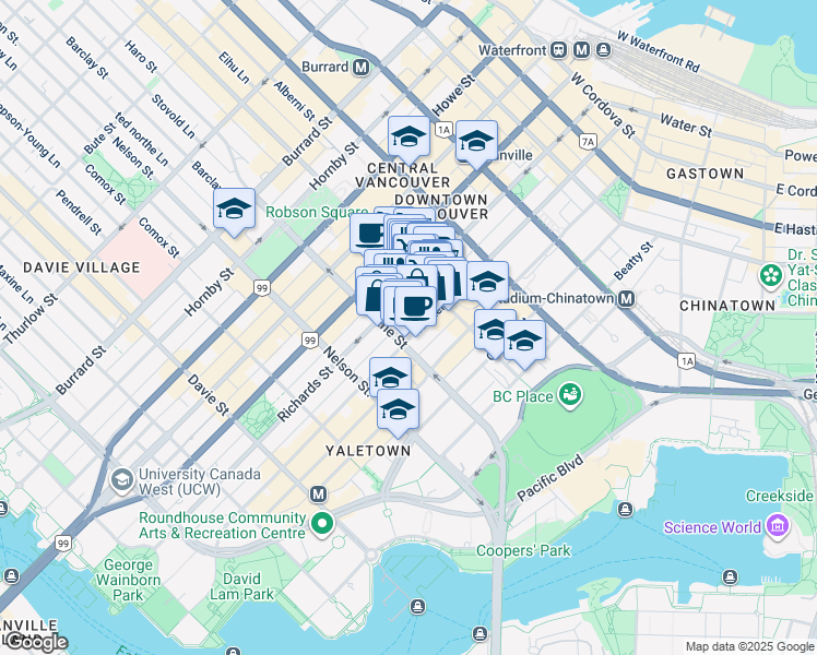map of restaurants, bars, coffee shops, grocery stores, and more near 889 Homer Street in Vancouver