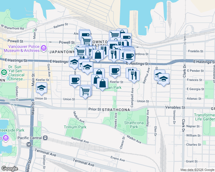 map of restaurants, bars, coffee shops, grocery stores, and more near 710 Keefer Street in Vancouver
